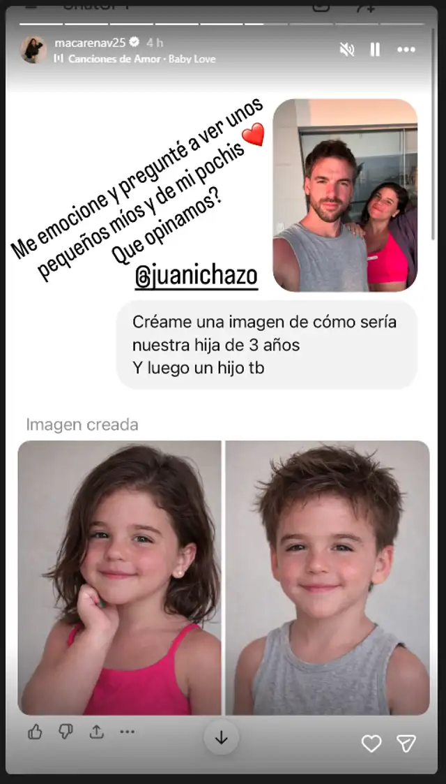 Macarena Vélez sorprendió a sus seguidores al pedir a la IA que recreara la imagen de sus futuros hijos junto a Juan Ichazo. Foto: Instagram. Macarena Vélez sorprendió a sus seguidores al pedir a la IA que recreara la imagen de sus futuros hijos junto a Juan Ichazo. Foto: Instagram.