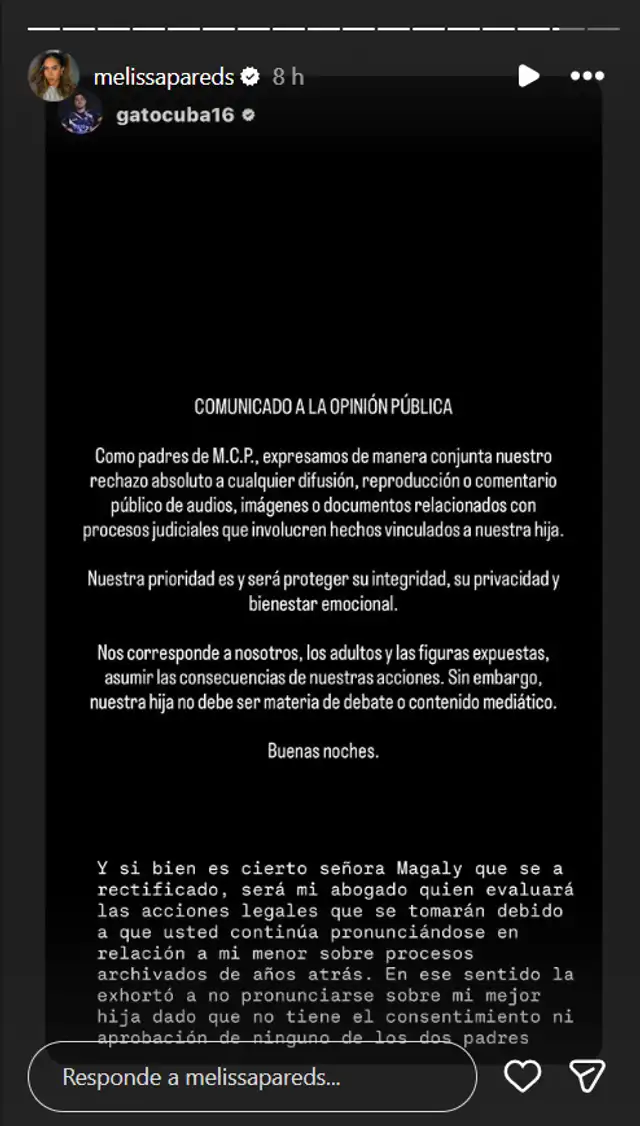 Melissa Paredes y Rodrigo Cuba lanzan comunicado y prohiben a Magaly Medina hablar de su hija Melissa Paredes y Rodrigo Cuba lanzan comunicado y prohiben a Magaly Medina hablar de su hija