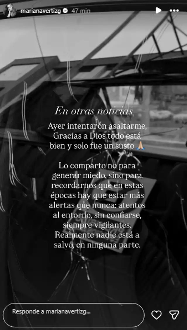 <strong><em>Mariana Vértiz reveló que casi sufre un asalto.</em> Captura: Instagram</strong> <strong><em>Mariana Vértiz reveló que casi sufre un asalto.</em> Captura: Instagram</strong>