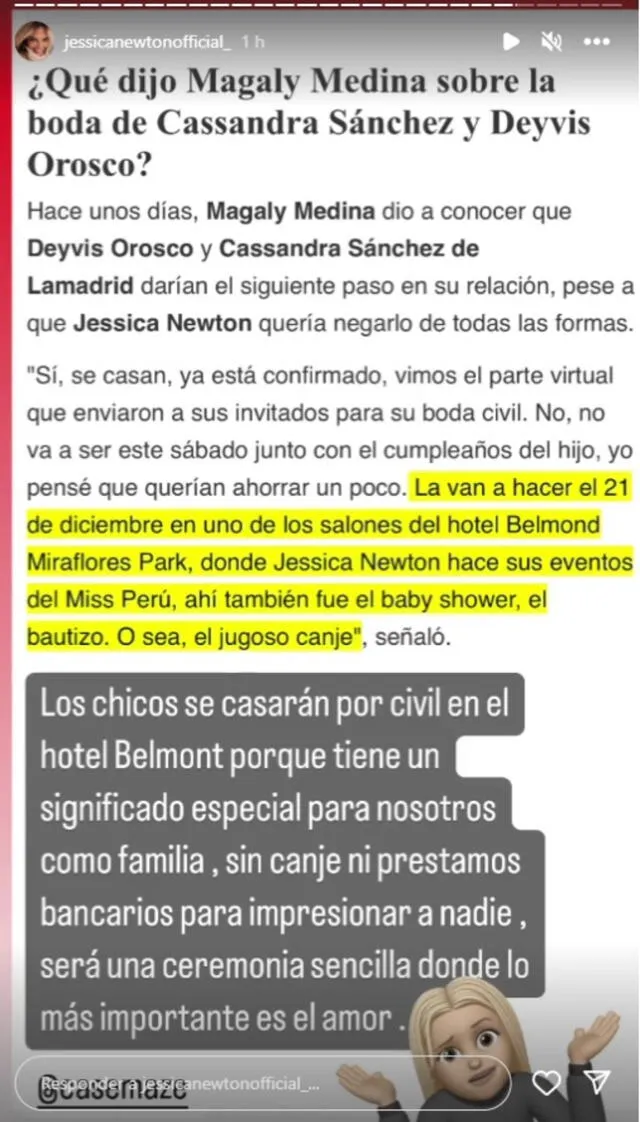 Jessica Newton cuadra a Magaly Medina y rechaza canje para la boda de Deyvis Orosco y Cassandra Sánchez 