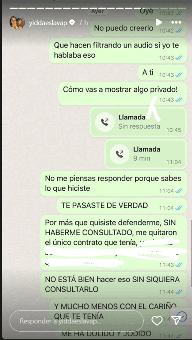 Yiddá Eslava da a conocer chats enfurecida con reportera. 