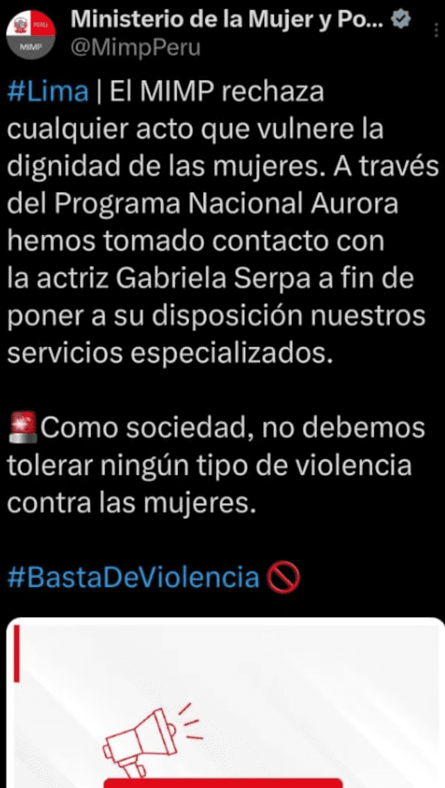 <strong>Ministerio de la Mujer brinda apoyo a Gabriela Serpa. Captura: X</strong>   