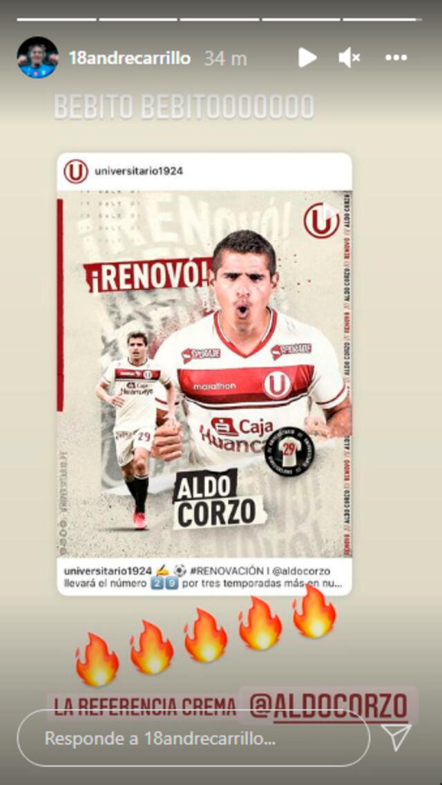 El mensaje de André Carrillo a Aldo Corzo por su renovación con la U. | FUENTE: Instagram. 