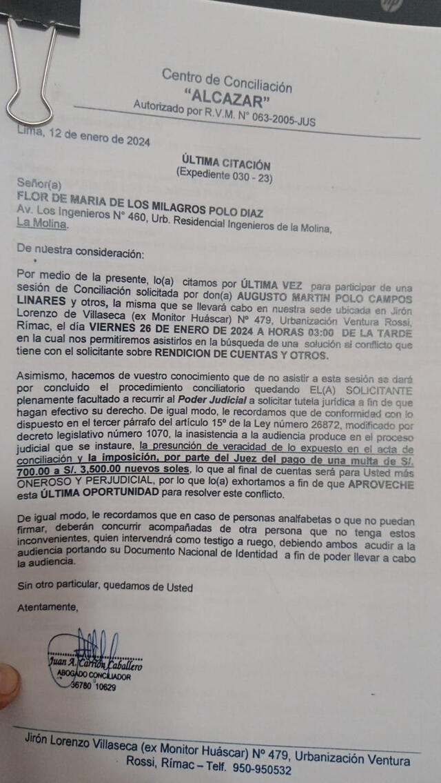 Citación de Agusto Martín Polo Campos Linares a Florcita Polo