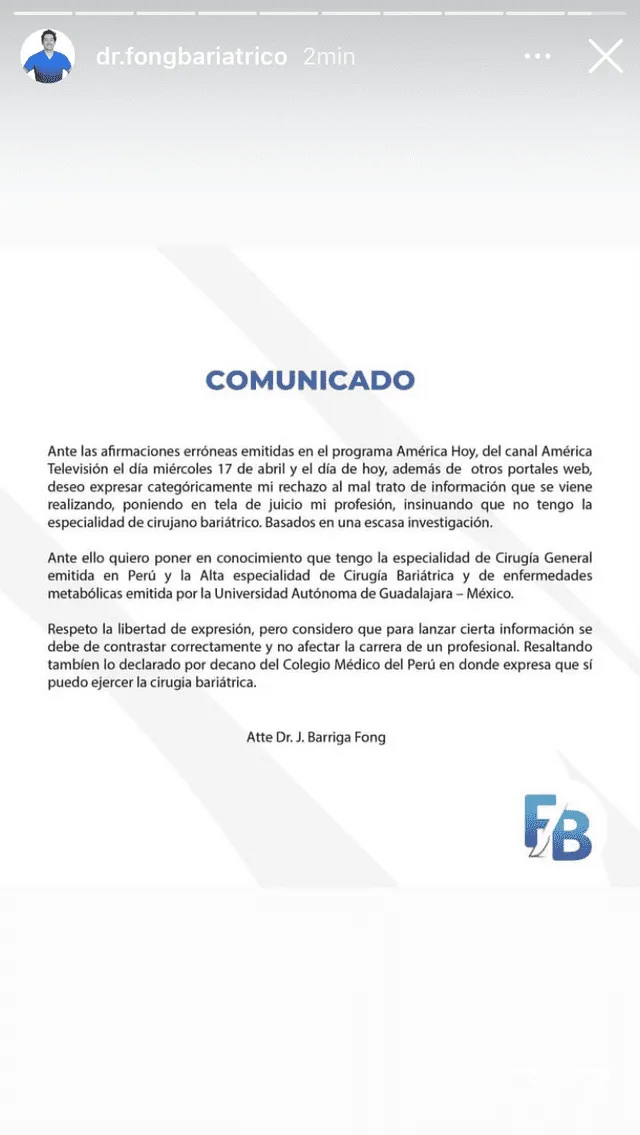 Hermano del Doctor Fong emite comunicado en contra de América Hoy.