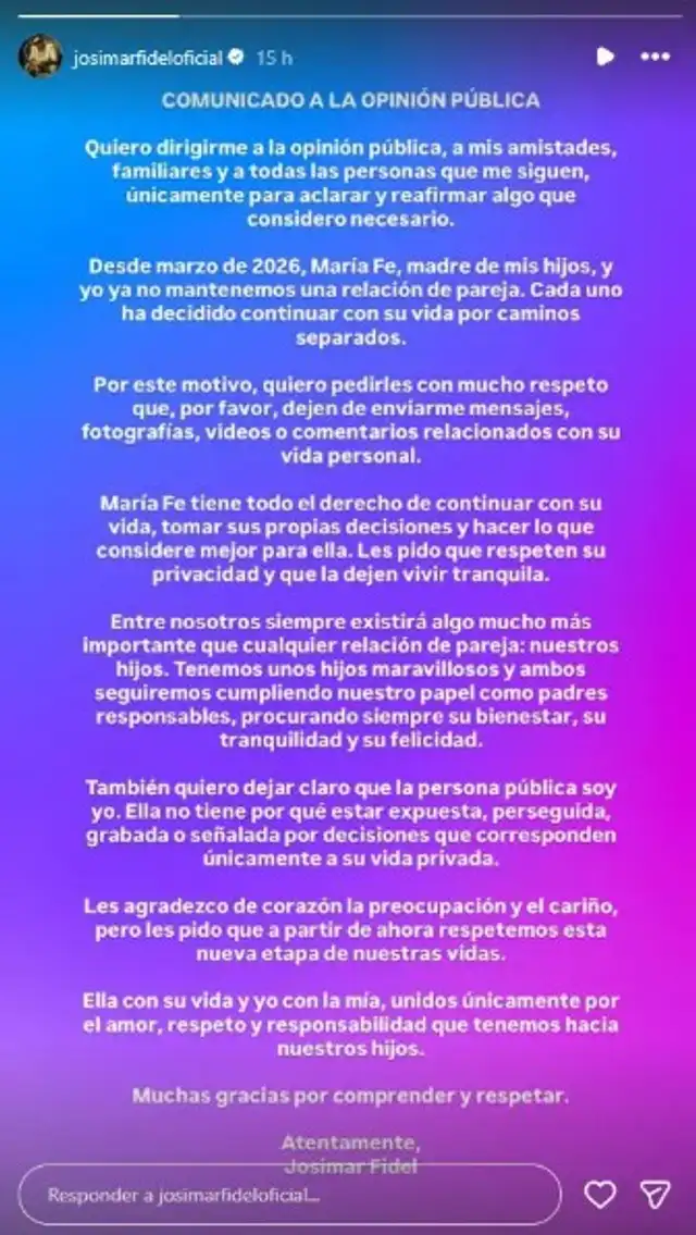 ¡PUSO PUNTO FINAL! Josimar REAFIRMA separación de María Fe Saldaña y lanza CONTUNDENTE pedido: “Yo con la mía...”