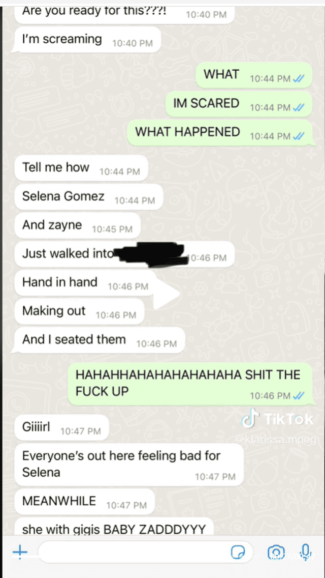 Screenshot: la trabajadora informa sobre la presencia de Selena Gómez y Zayn Malik   
