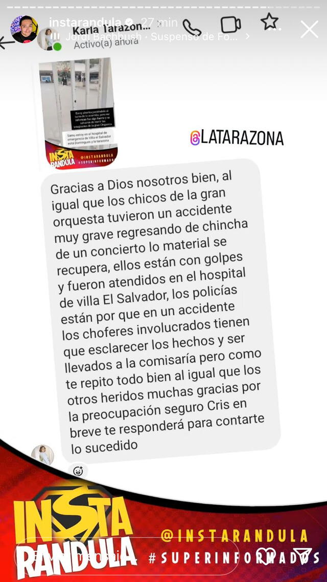 Karla Tarazona se pronuncia sobre accidente de músicos de Gran Orquesta.