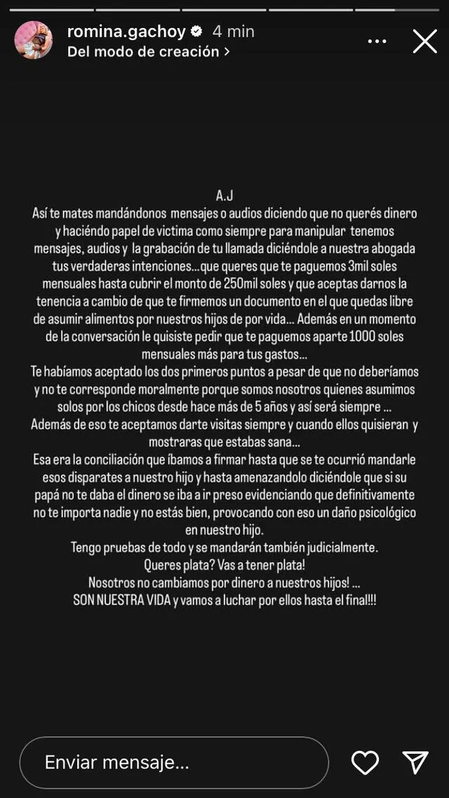 Romina Gachoy se indigna y expone alta suma que Angie Jibaja pide para darle tenecia de sus hijos Romina Gachoy se indigna y expone alta suma que Angie Jibaja pide para darle tenecia de sus hijos