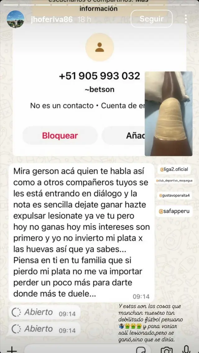  Mensaje extorsivo contra Jersson Vásquez. Foto: captura de Jhoferiva86/Instagram   