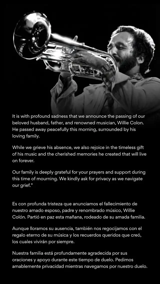  Familia confirma fallecimiento de Willie Colón. Foto: Facebook.    