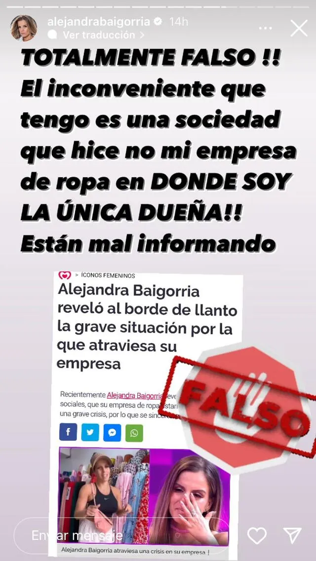 Alejandra Baigorria niega que su empresa esté en crisis.