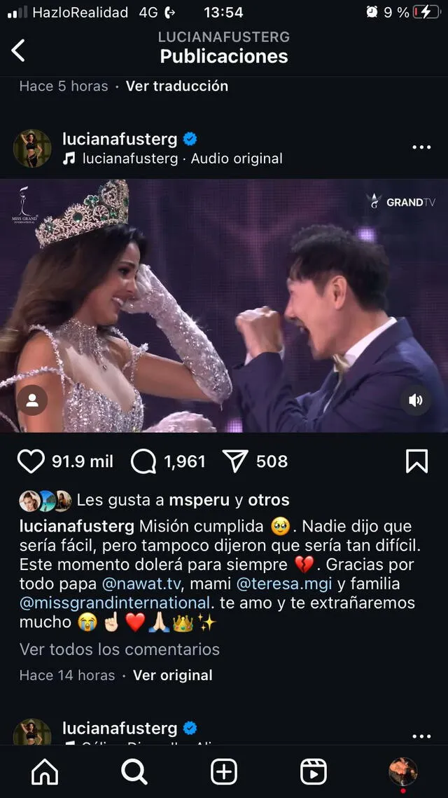 Familia de Patricio Parodi CELEBRA a Luciana Fuster en redes sociales tras despedirse del Miss Grand International.