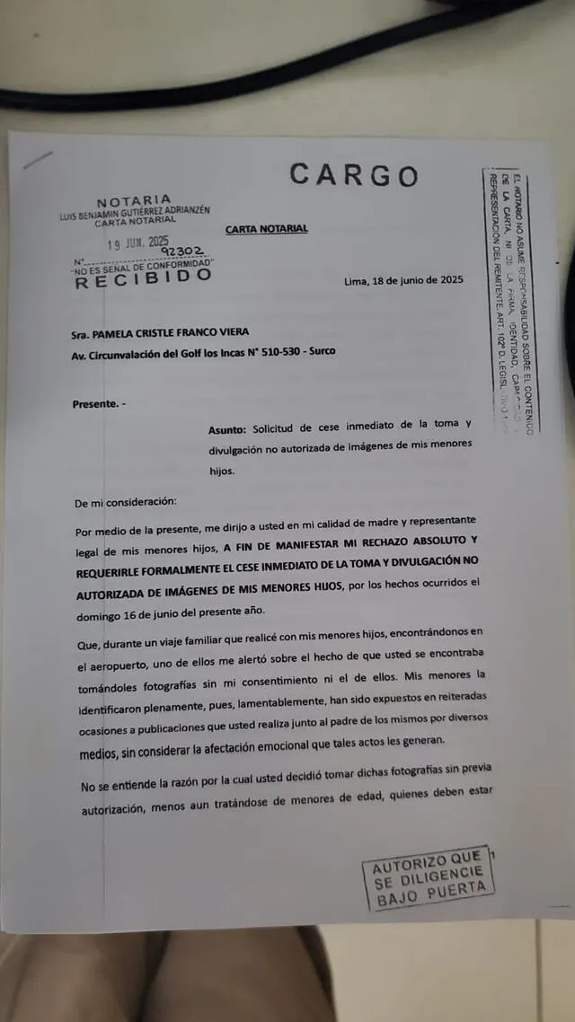 Pamela López manda carta notarial a Pamela Franco con prohiciones sobre sus hijos Pamela López manda carta notarial a Pamela Franco con prohiciones sobre sus hijos