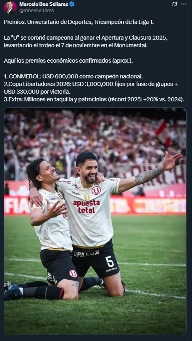  Universitario recibió millonario monto. Foto: X/Marceloo Bee Sellares   
