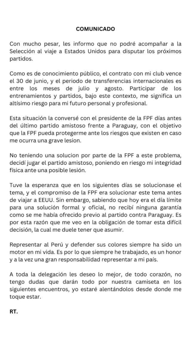 Comunicado de Renato Tapia. / Fuente: X.   