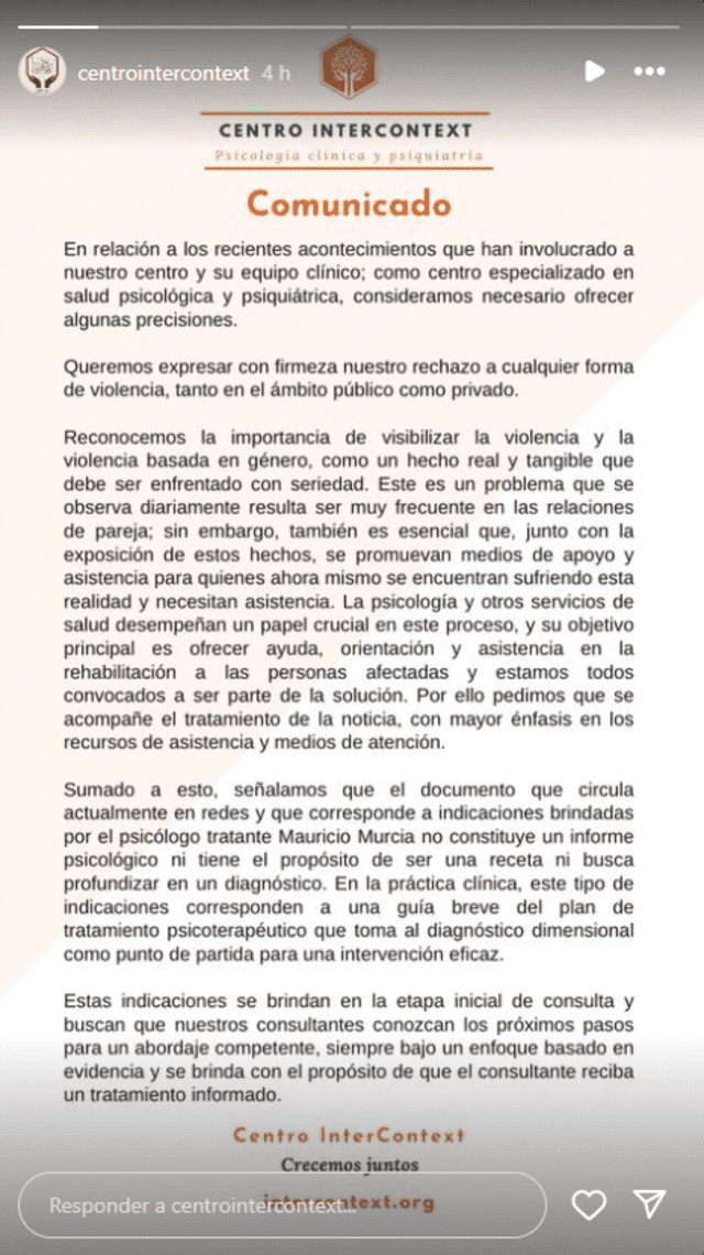 Comunicado de el Centro Intercontext Psicología clínica y psiquiátrica sobre Christian Cueva. Foto: Instagram/Captura de pantalla   