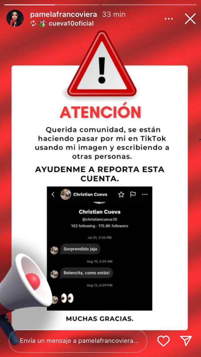  Pamela Franco se pronuncia sobre presunto chat de Christian Cueva con otra mujer 