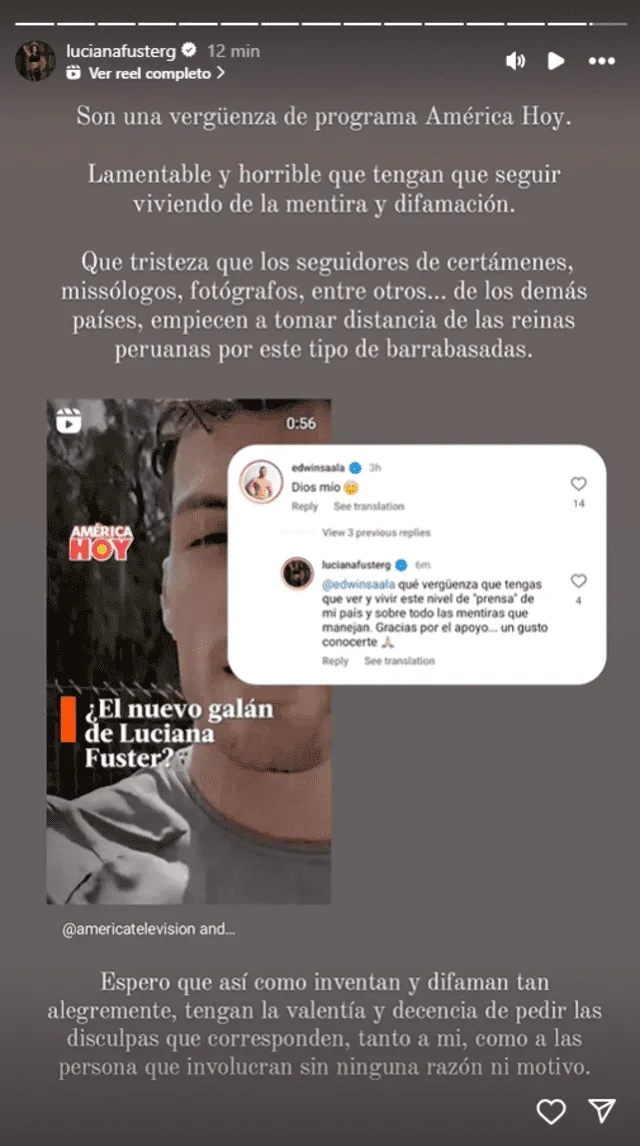 <em>Luciana Fuster expuso el mensaje que dejó Edwin Sala impactado. Captura: Instagram</em>   