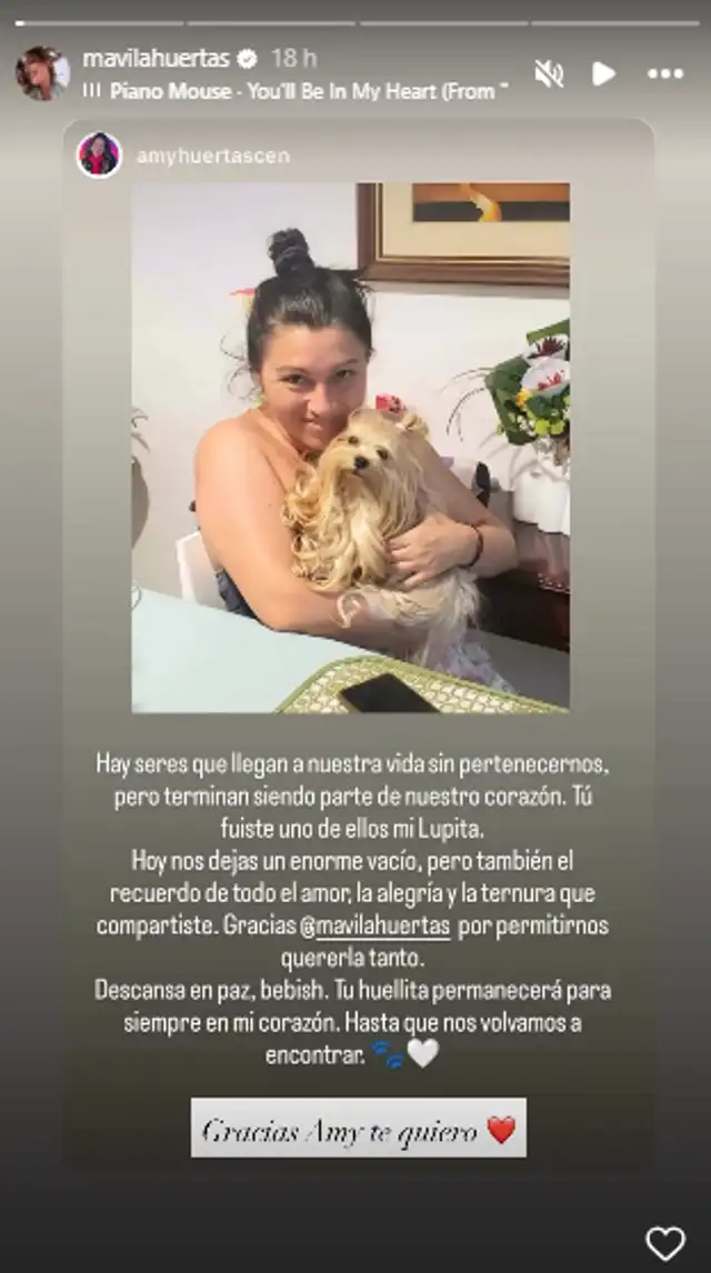 Mávila Huertas pierde a su 'bebé' de cuatro patas. Mávila Huertas pierde a su 'bebé' de cuatro patas.