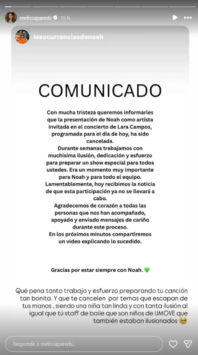 Melisssa Paredes denuncia que Lara Campos dejó fuera a todos los niños de su academia a último minuto