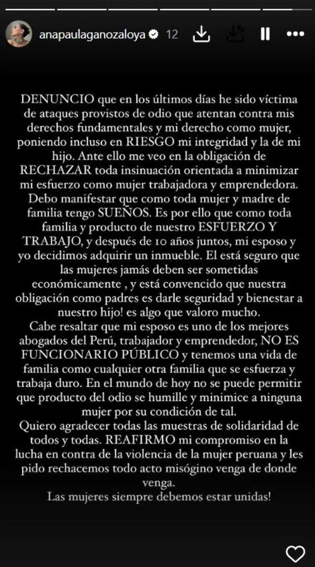  <strong>Ana Paula Ganoza lanza comunicado sobre compra de casa.</strong>   