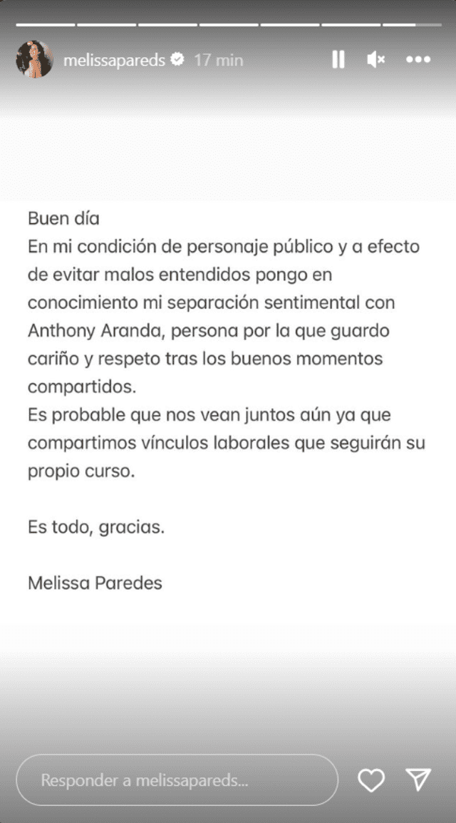  Melissa Paredes anuncia el fin de su relación con Anthony Aranda.