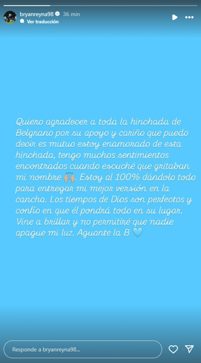 Mensaje de Bryan Reyna tras críticas de su DT. Foto: Instagram/Captura de pantalla 