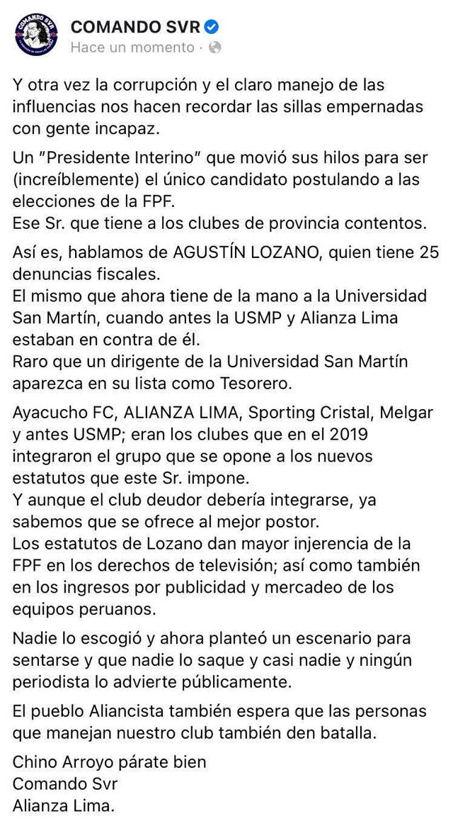La barra popular de Alianza Lima se pronunció sobre la reelección de Agustín Lozano. | FUENTE: Facebook. 