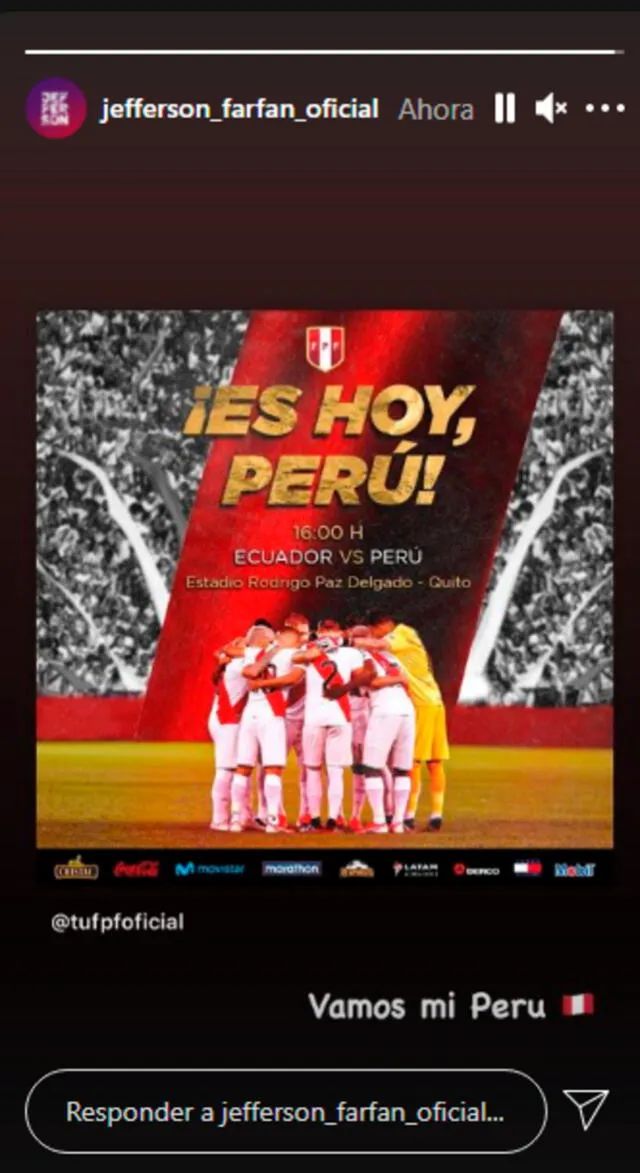 Jefferson Farfán y su reciente historia de Instagram para alentar a la selección peruana. FUENTE: Instagram.   