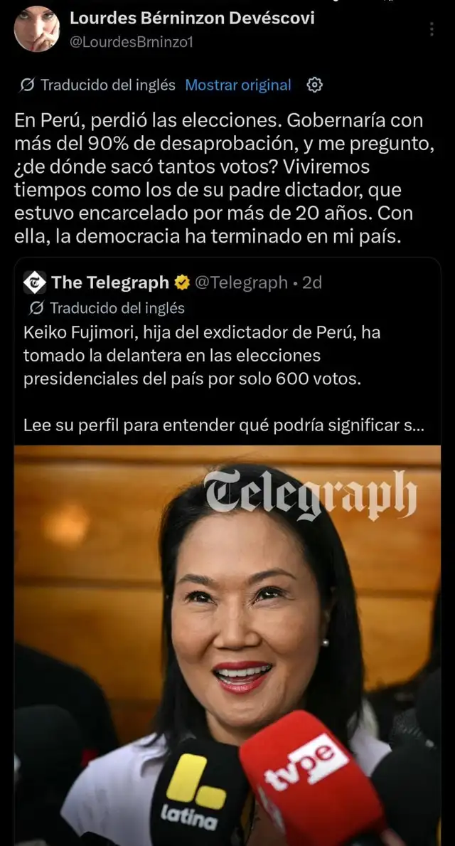 Tweet de Lourdes Bérninzon en contra de posible gobierno de Keiko Fujimori.