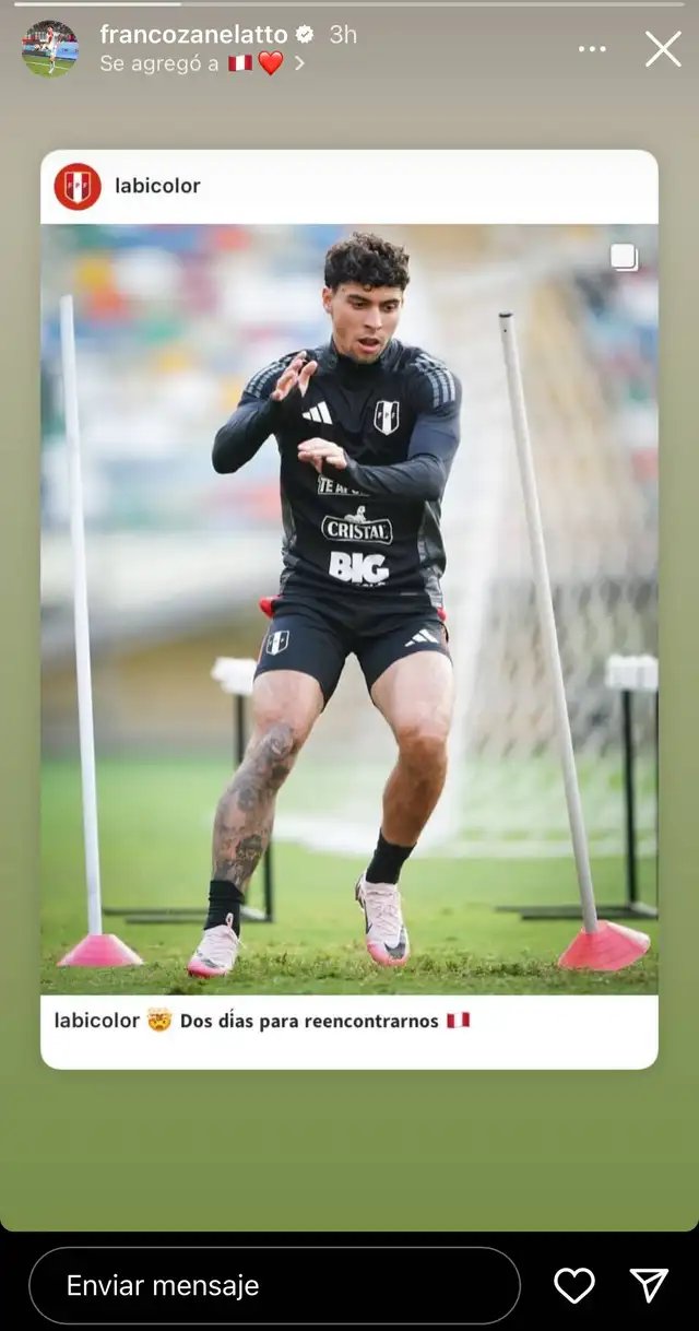 Post de Franco Zanelatto entrenando con la Selección Peruana. Foto: Instagram/Captura de pantalla   