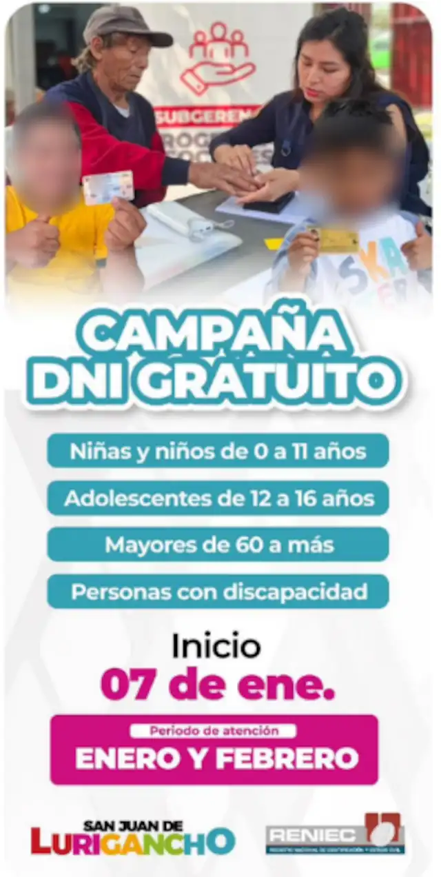 Municipalidad de San Juan de Lurigancho realizará campaña gratuita del DNI electrónico.