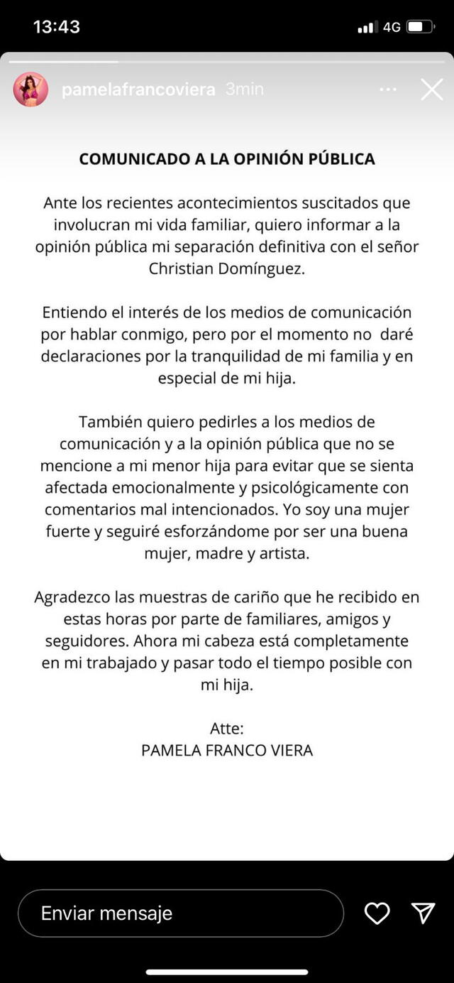 Pamela Franco confirma separación con Christian Domínguez tras ampay. foto: Instagram