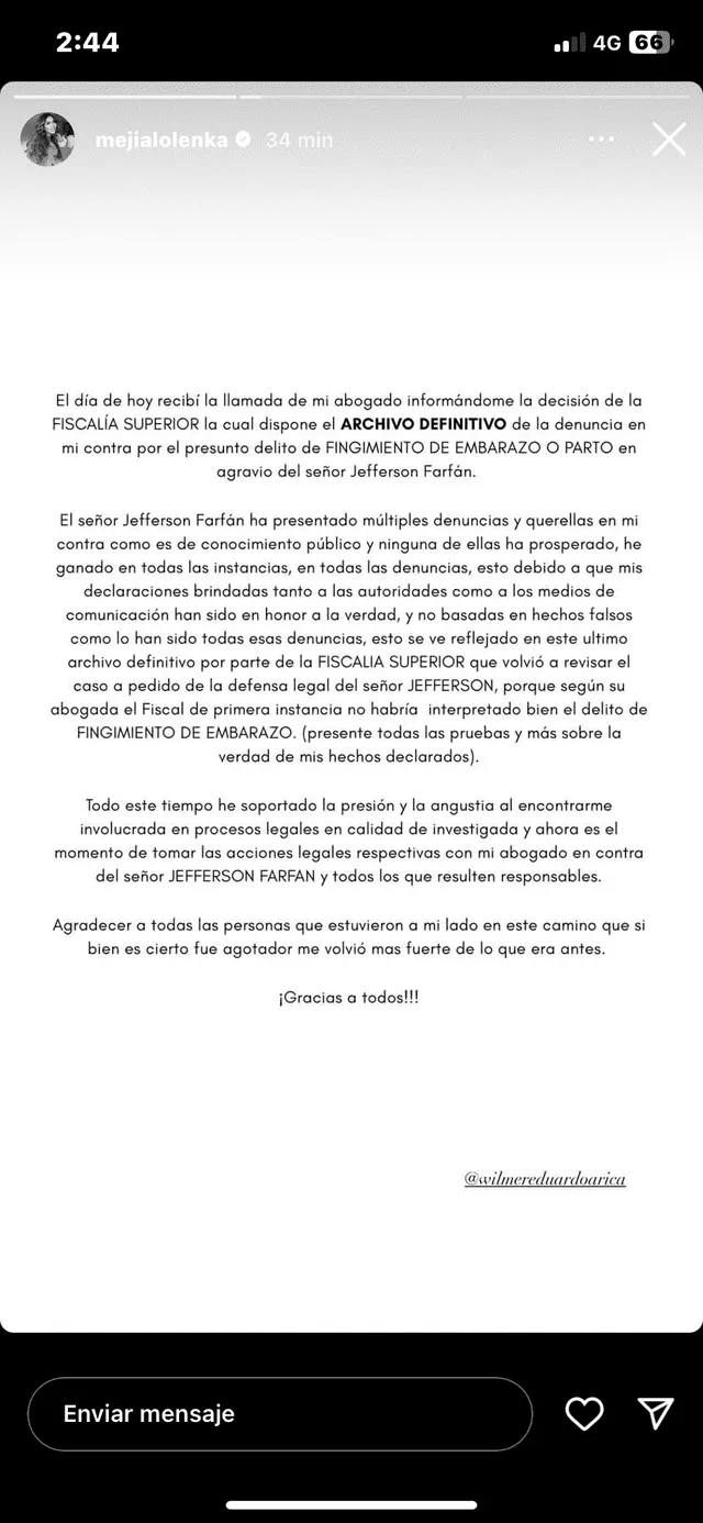 Olenka Mejía anuncia que denuncia de Jefferson Farfán por fingimiento de embarazo fue archivada. 