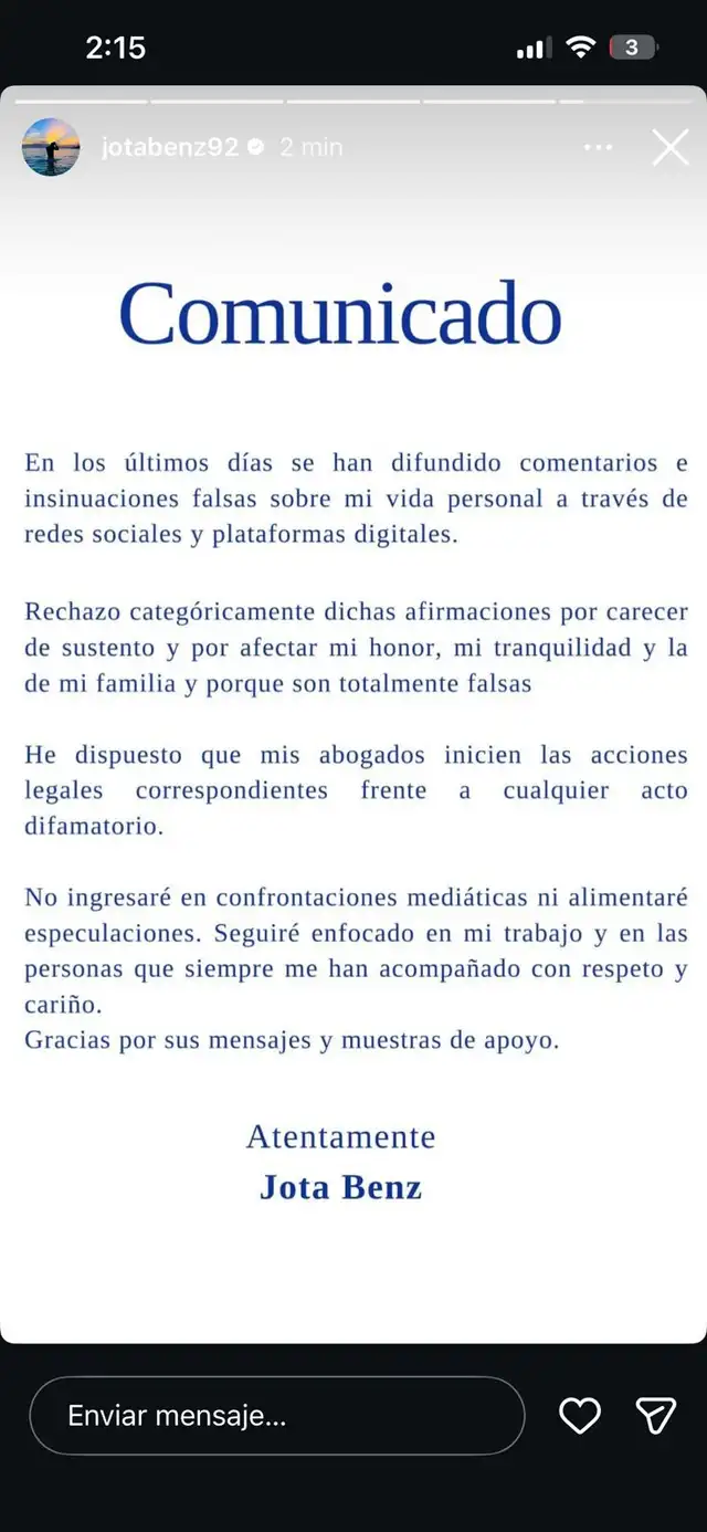 Jota Benz lanza COMUNICADO y anuncia MEDIDAS LEGALES ante acusaciones de INFIDELIDAD a Angie Arizaga. Jota Benz lanza COMUNICADO y anuncia MEDIDAS LEGALES ante acusaciones de INFIDELIDAD a Angie Arizaga.