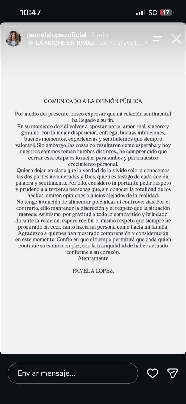 Pamela López lanza comunicado y anuncia el FIN DE SU RELACIÓN con Paul Michael