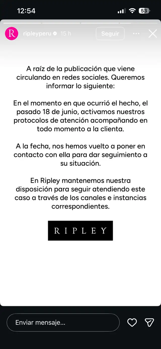 Ripley se pronuncia sobre mujer que denunció negligencia por caída de maniquí y los acusó de no costear gastos médicos Ripley se pronuncia sobre mujer que denunció negligencia por caída de maniquí y los acusó de no costear gastos médicos