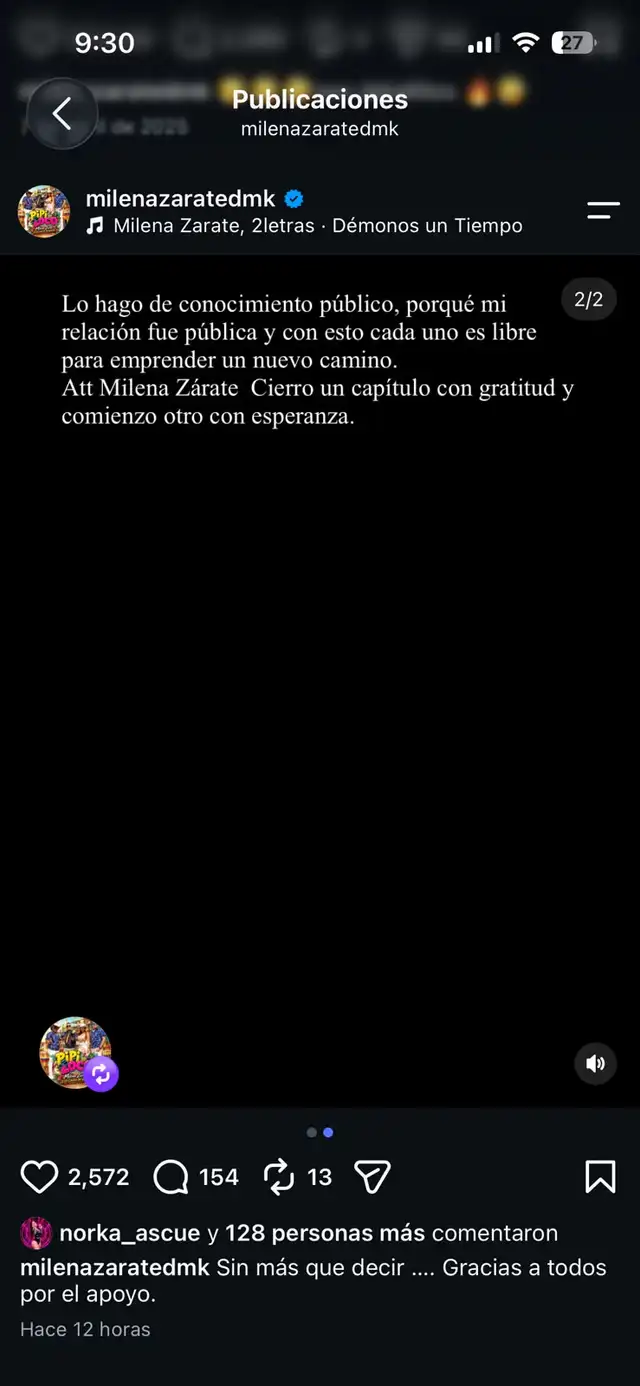 Milena Zárate anuncia el fin de su relación con Carlos Mendoza tras seis años de relación