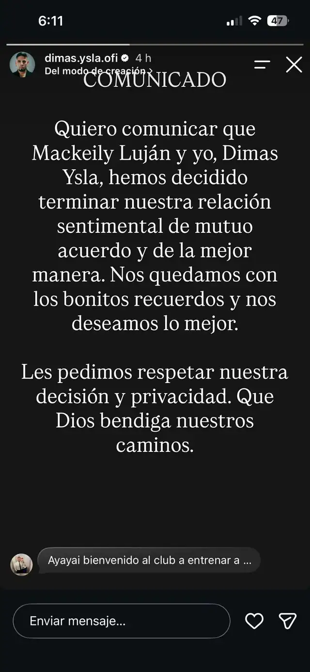 Mackeily Luján y Dimas Ysla anuncian el fin de su relación tras polémica en ‘La Bella Luz’