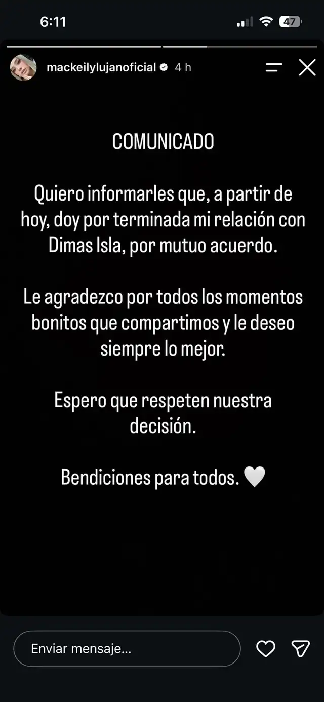 Mackeily Luján y Dimas Ysla anuncian el fin de su relación tras polémica en ‘La Bella Luz’