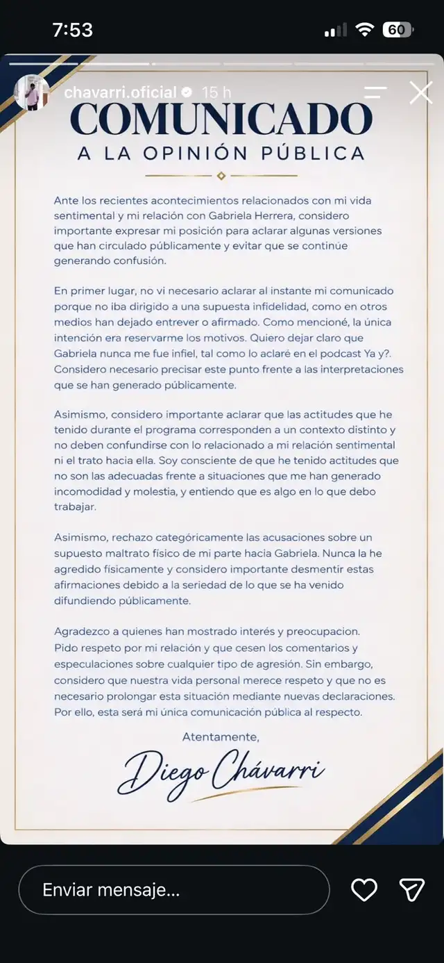 Diego Chávarri es acusado por presunta agresión física hacia Gabriela Herrera y él se prnuncia en comunicado 