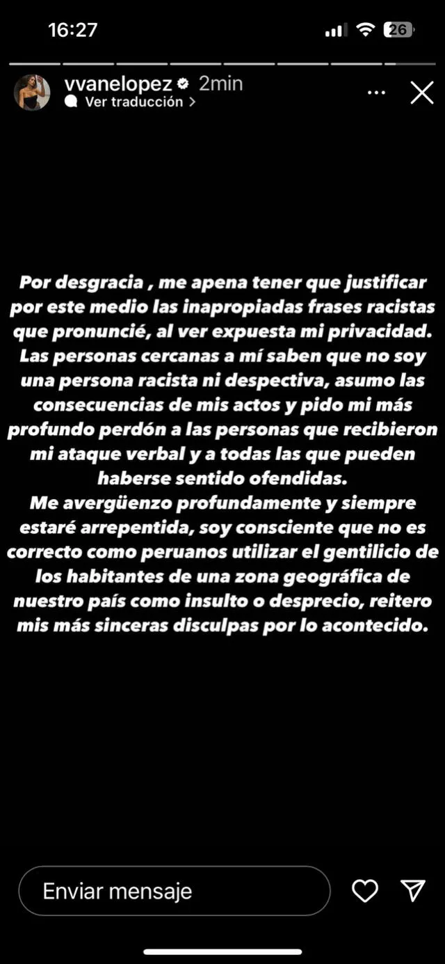 Vanessa López arrepentida pide disculpas tras ataque verbal y físico en la vía pública en Instagram.