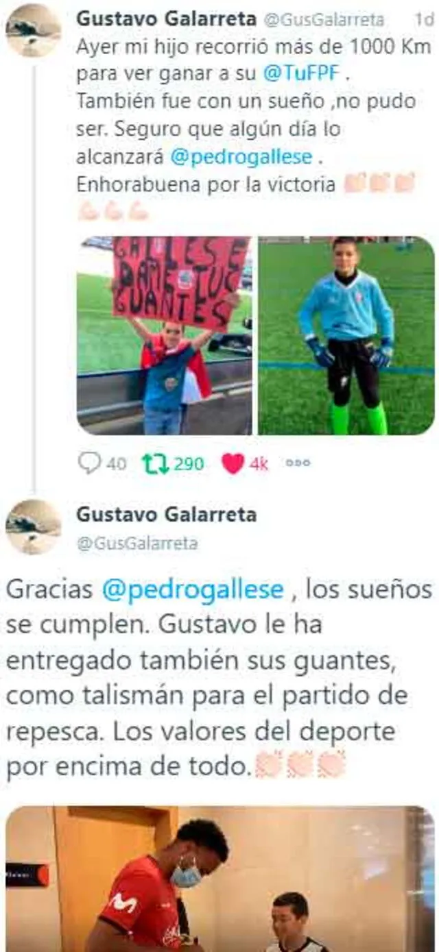 Pedro Gallese no decepcionó al niño y se vieron en el hotel de Perú en España. / FUENTE: Twitter.   