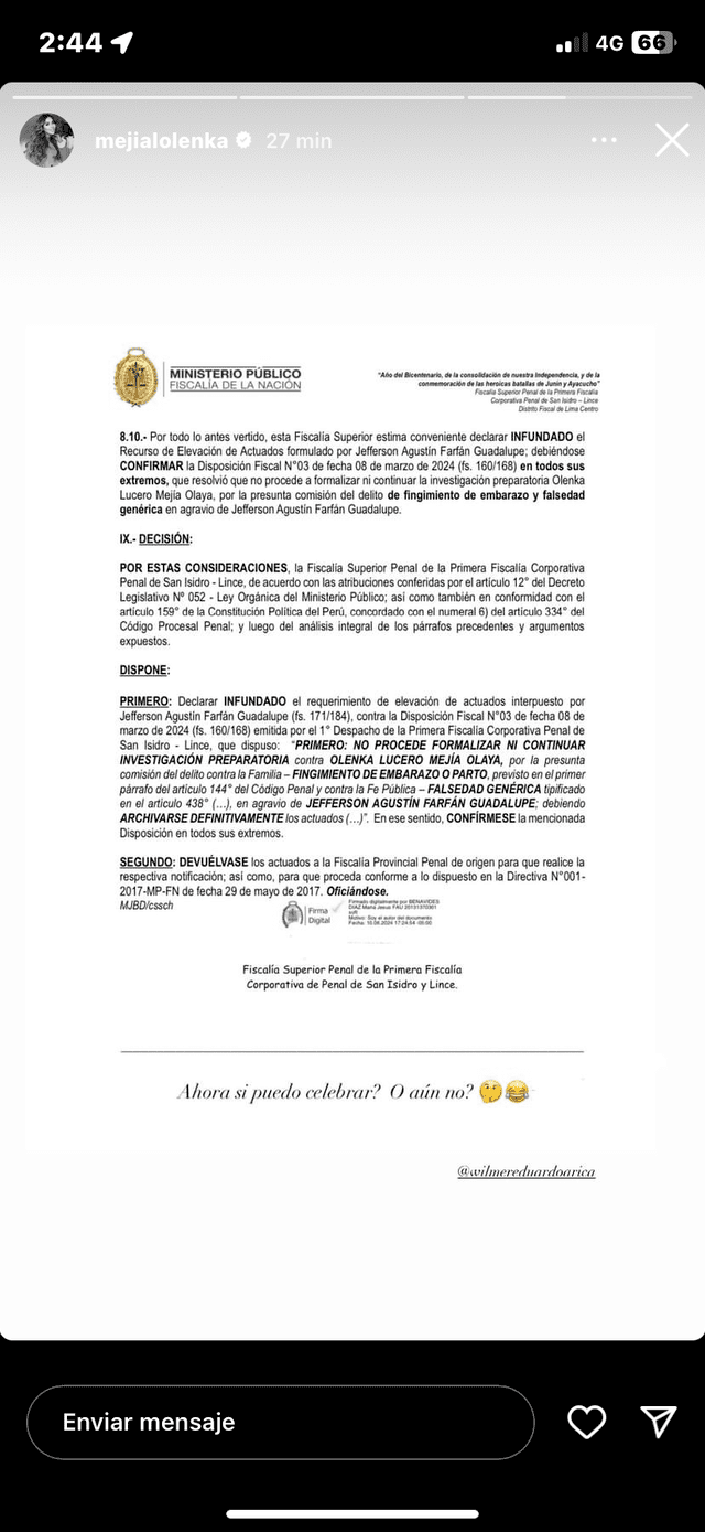 Olenka Mejía anuncia que denuncia de Jefferson Farfán por fingimiento de embarazo fue archivada.