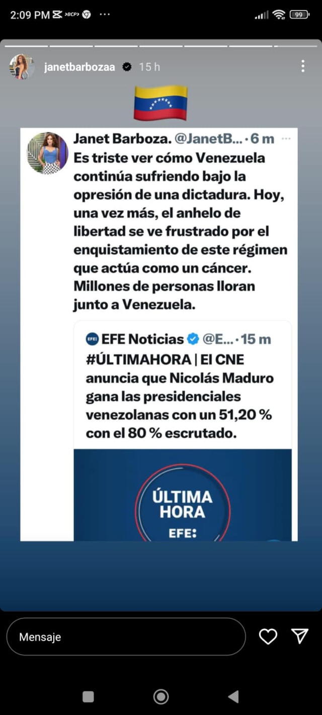 Janet Barboza indignada con reelección de Nicola Maduro.  