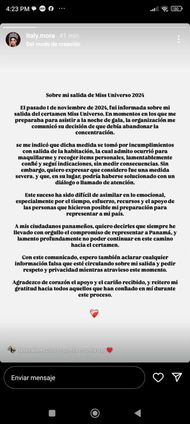 Comunicado tras expulsión de la Miss Universo Panamá del Miss Universo.  