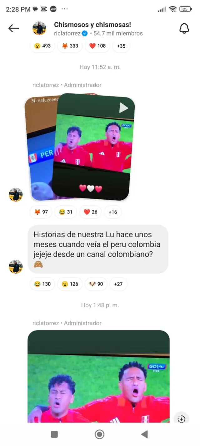 Luciana Fuster viendo el Perú vs. Colombia en un canal colombiano.  