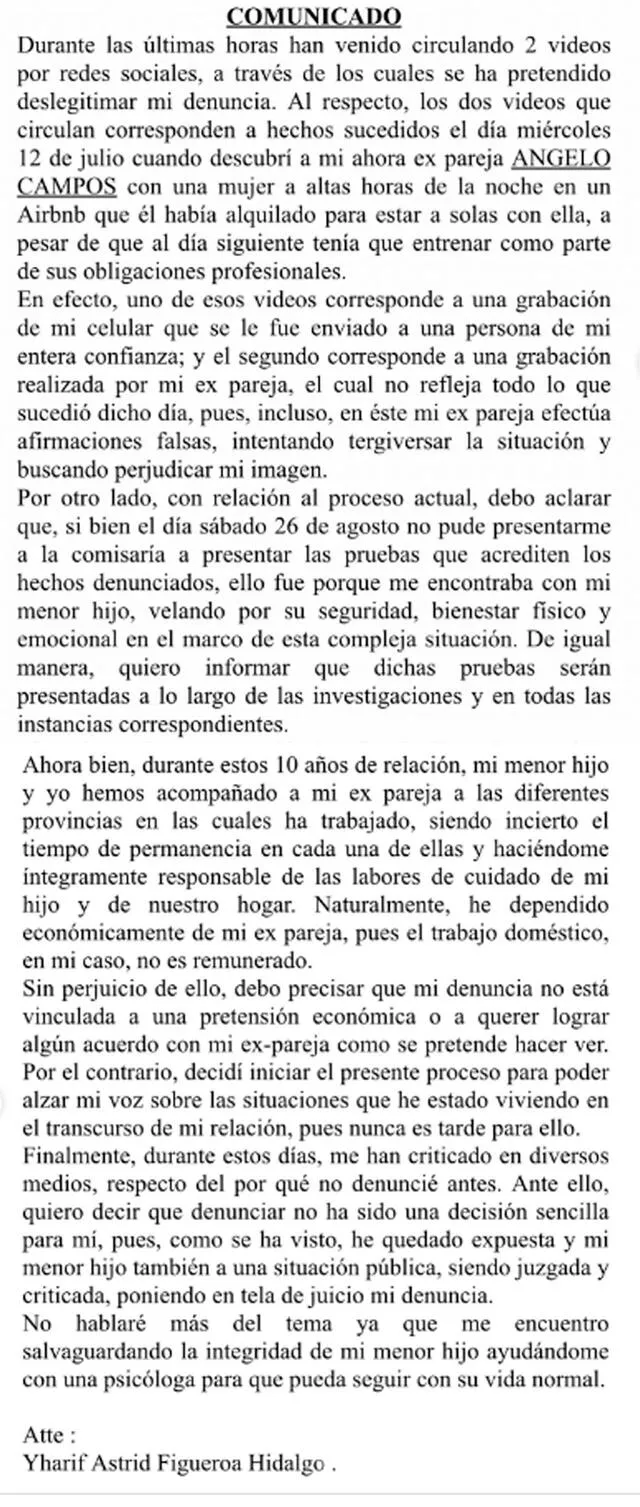 El comunicado de Yharif Astrid Figueroa Hidalgo.