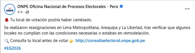 ONPE anuncia reasignaciones de último minuto para este 12 de abril.